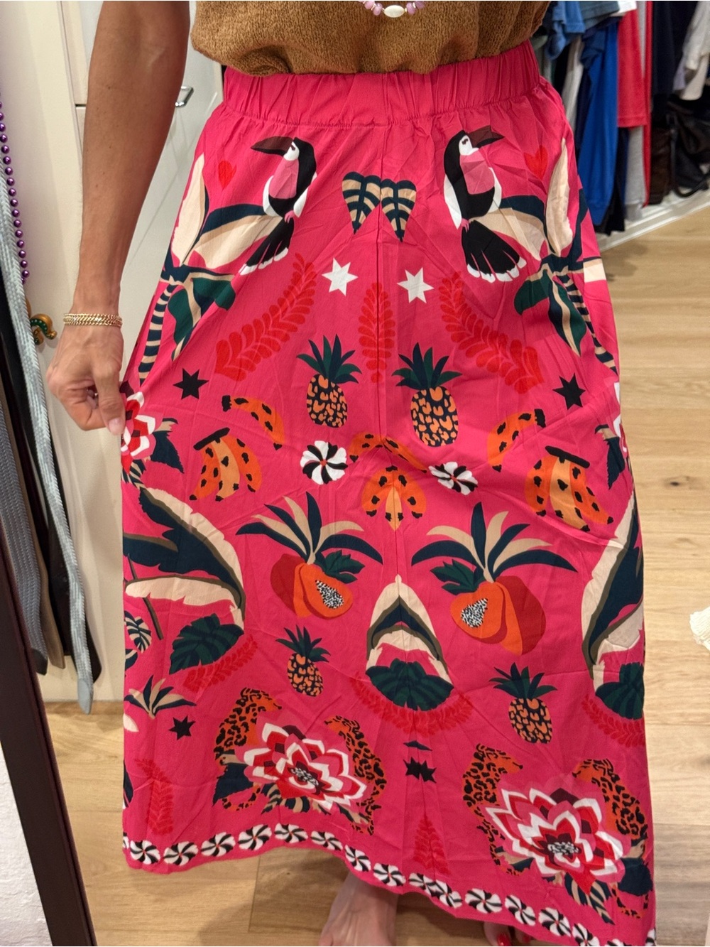 Pink Tropical Toucan Pineapple Papaya Midi Skirt Farm Rio Inspired Size S